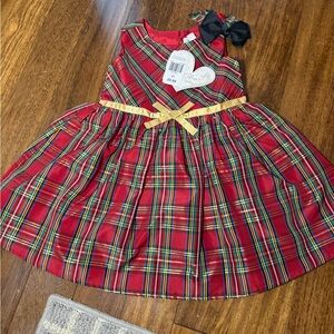 Elegant Red Plaid Kids Formal Dress with Gold Accents